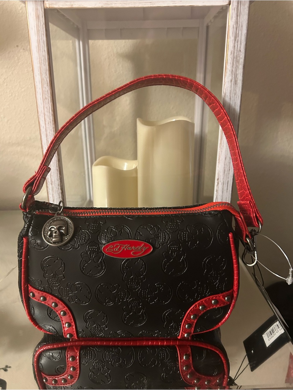 Ed Hardy Black and Red Embossed Shoulder Bag with Stud Accents